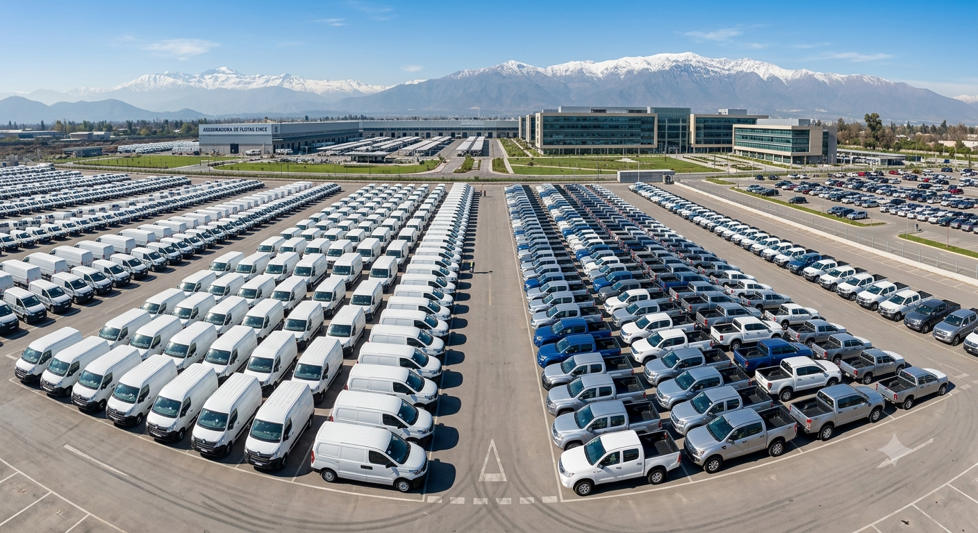 Flota de vans comerciales estacionadas al atardecer